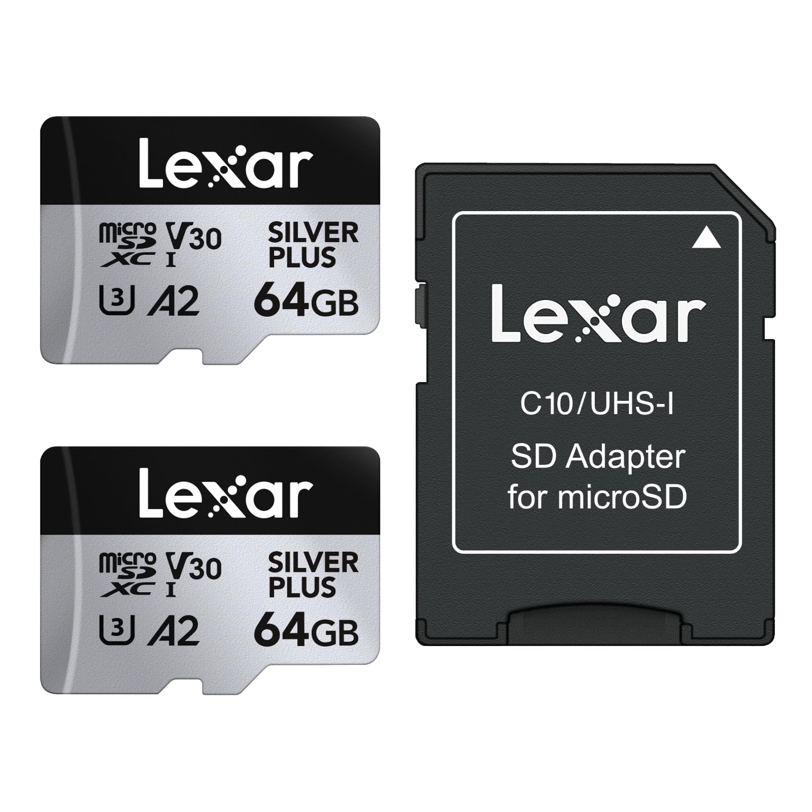 lexar-silver-plus-lot-de-2-cartes-microsd-64-go-uhs-i-jusqu-205-mo-s-a2-v30-u3 image 1